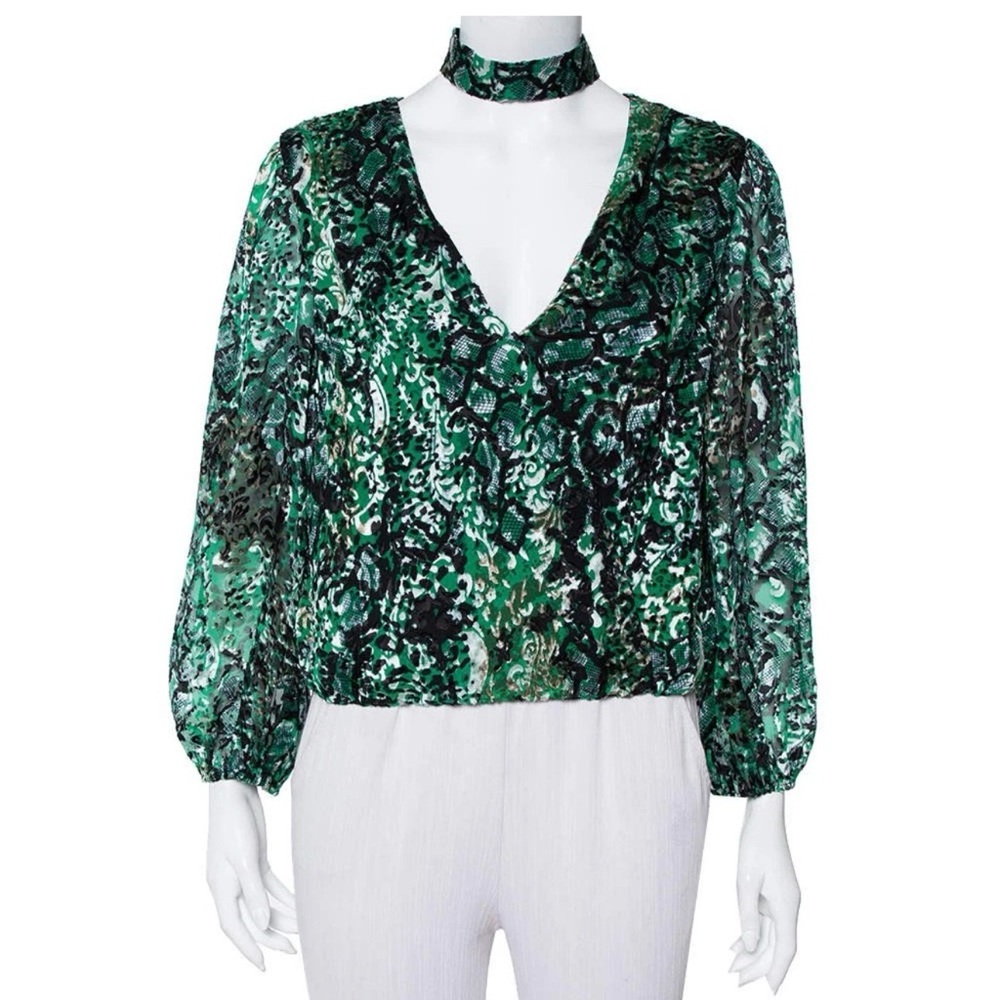 Alice + Olivia Green Printed V-Neck Chiffon Blouse with Choker Accent